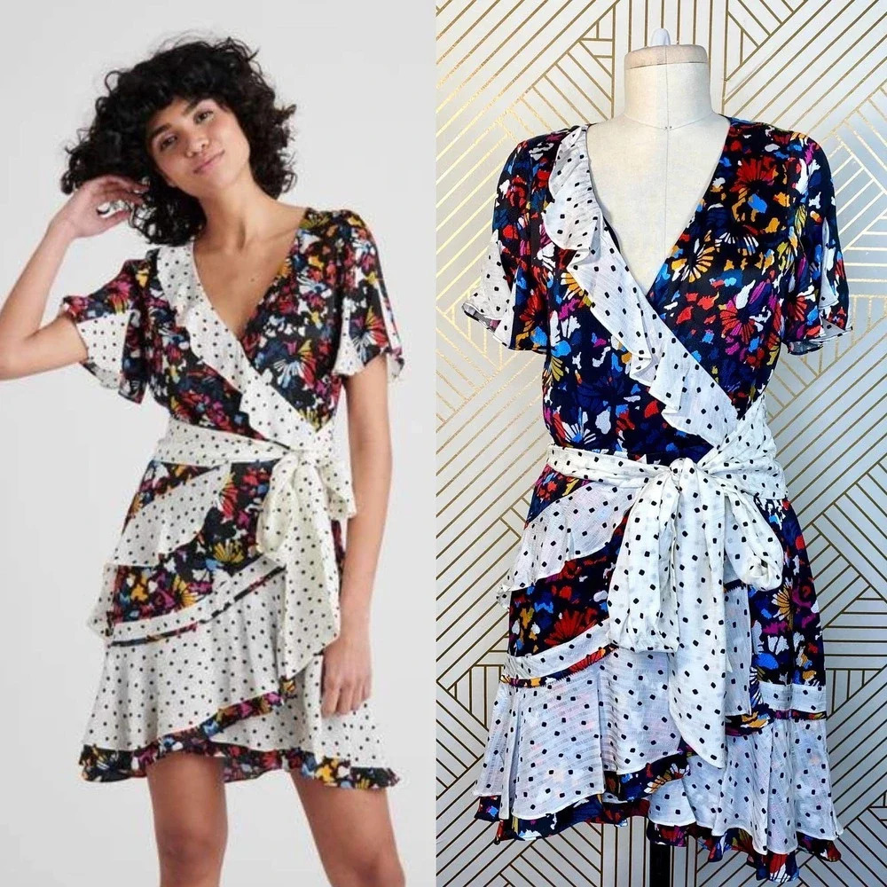 Tanya Taylor Bianka‎ Confetti Black Floral Puff Sleeve Midi Dress Size 0